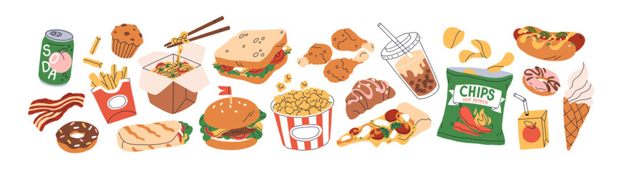 Naklejka na ściany i meble Fast junk food set. Burger, French fries, pizza, hot-dog, soda drink, popcorn, donut and muffin, ice-cream, shawarma, hamburger and quick snacks. Flat vector illustration isolated on white background
