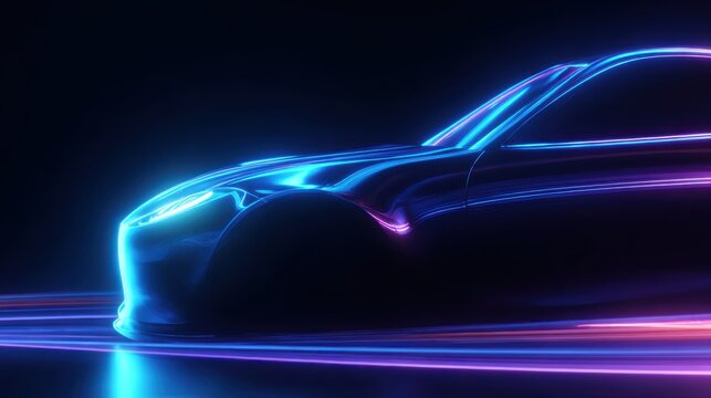Futuristic sports car speeding through neon lights, creating a vibrant and dynamic scene with motion blur and glowing lines, showcasing speed, technology, and automotive design