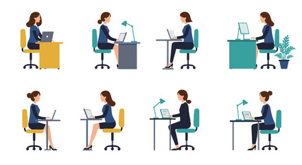 Fototapeta premium Office workers sitting at desks in various poses with laptops and office equipment