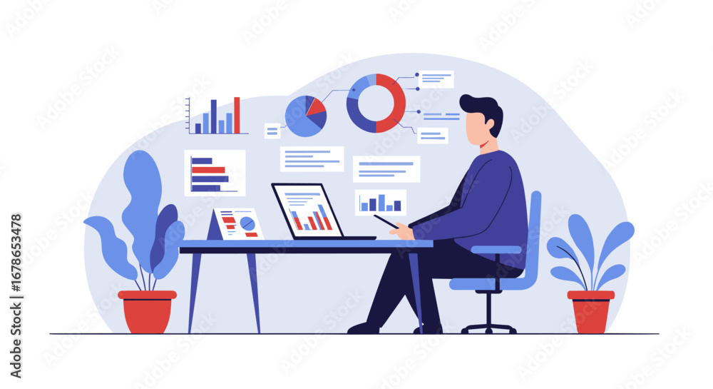 Poster business analytics professional in modern office analyzing data trends with charts