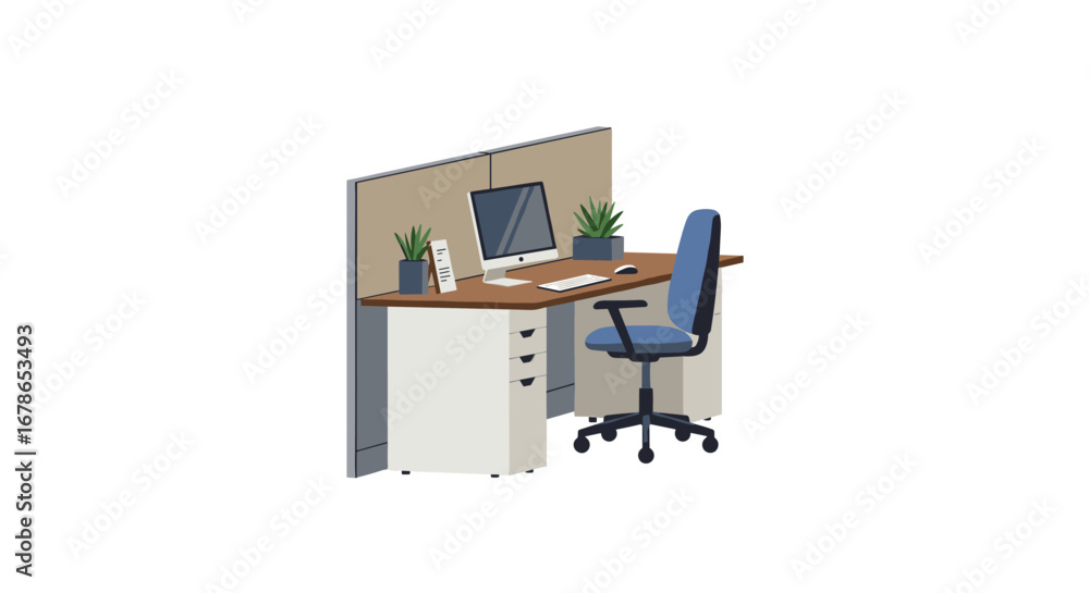 Aufkleber isometric office desk setup with computer and chair