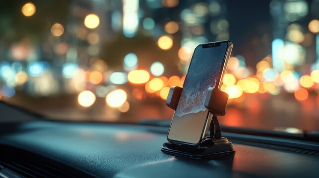Smartphone displaying navigation app mounted on car dashboard during nighttime urban driving, blurred city lights surrounding device