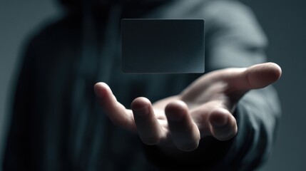 Businessman presenting a virtual credit card floating above his open hand, showcasing innovative payment technology in augmented reality interface