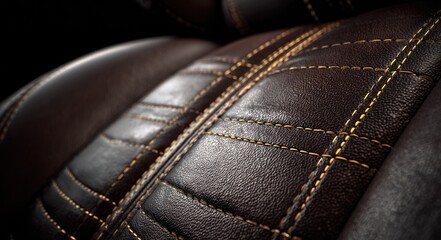 Close-up of brown leather seat with golden stitching