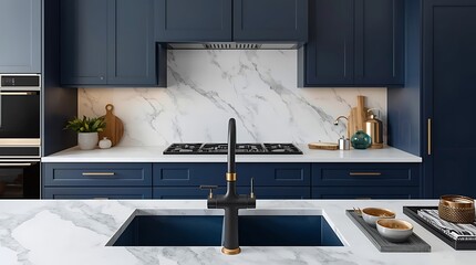 Modern Navy Kitchen with Gold Faucet and Brass Accents, Home Improvement Remodeled Contemporary Kitchen design, Elegant Navy Blue Kitchen with Gold Accents, created with generative ai