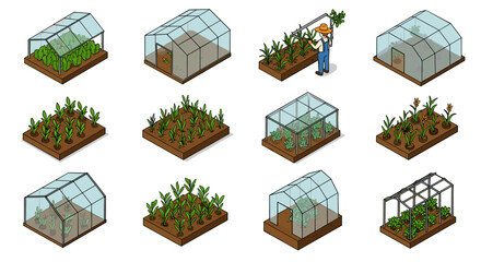 Greenhouse and garden bed designs with farmer in isometric style