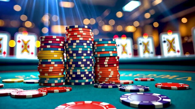 Colorful poker chips stacked high on casino table with bright lights and slot machines in background