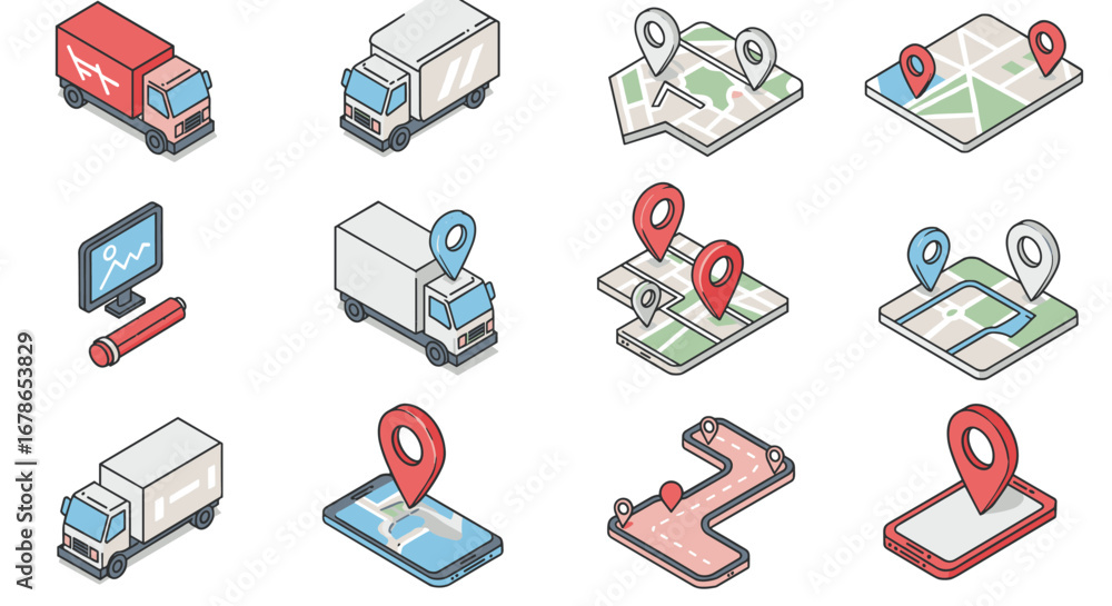 Poster isometric icons of delivery trucks and location maps for shipping and navigation