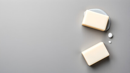 White soap bar and foam on gray background. Flat lay, top view, copy space