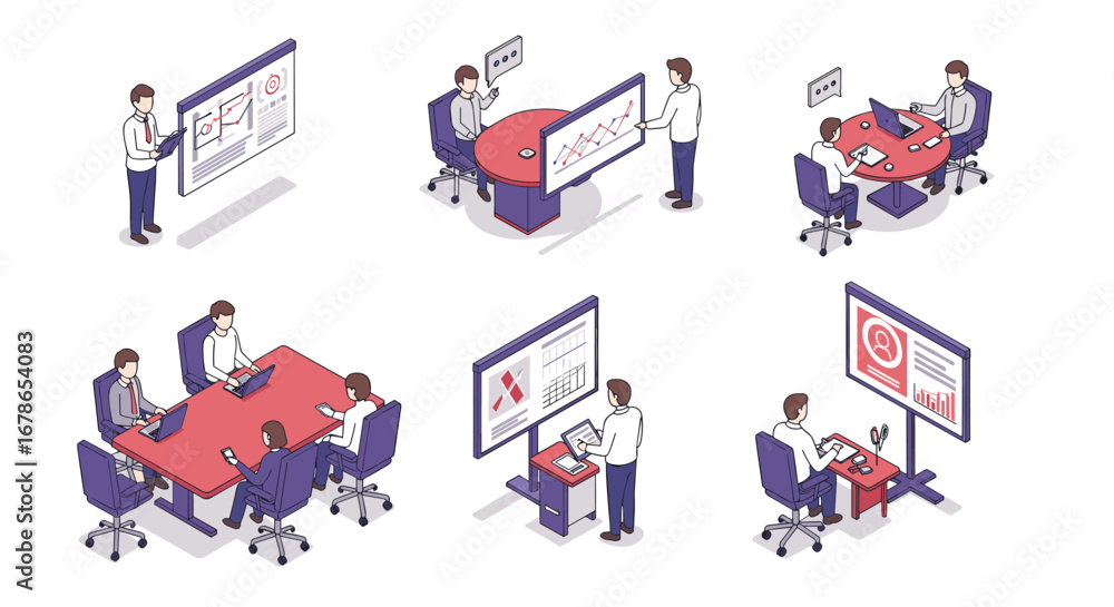Poster isometric office teamwork and data presentation concepts