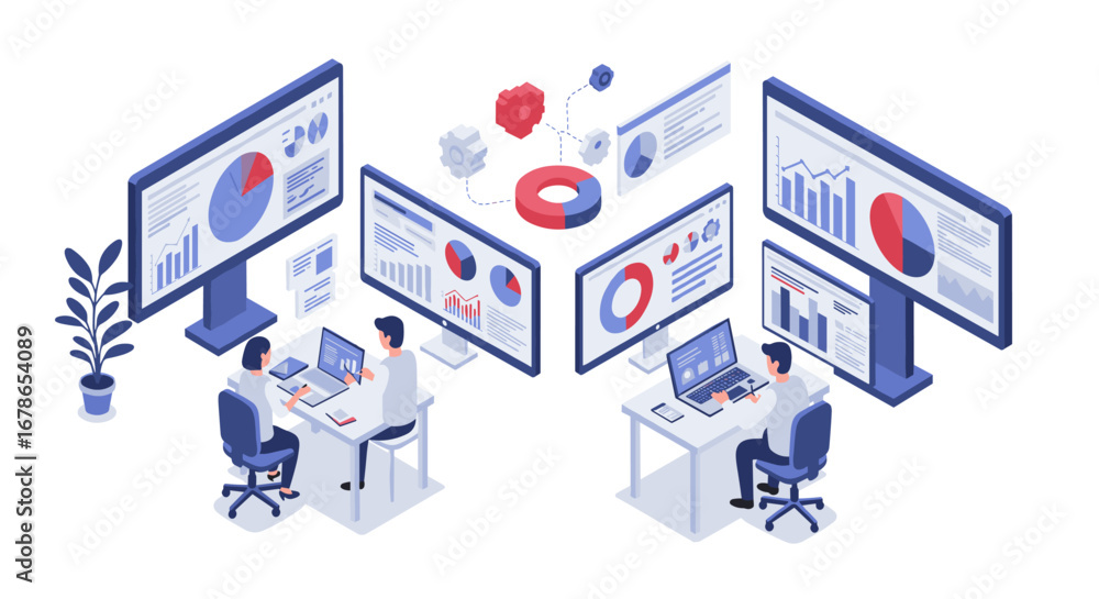 Poster isometric teamwork scene with data analysis and business charts in modern office