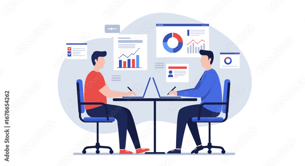 Poster collaborative office concept with graphs and data analysis in flat design