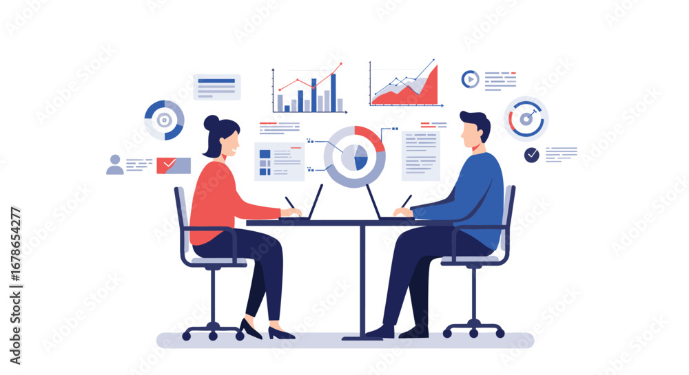 Poster business analysis in modern office setting with technology and data charts