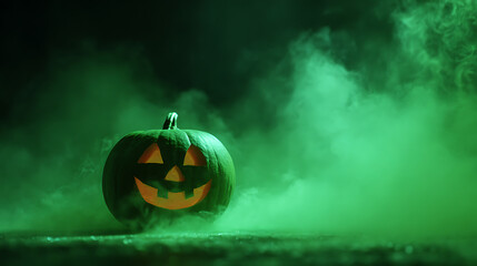 Spooky Halloween pumpkin with a carved face illuminated by green fog in a dark setting