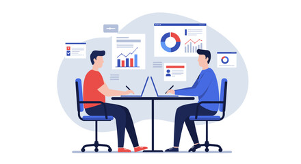 Collaborative office concept with graphs and data analysis in flat design