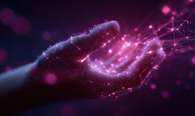A hand with glowing, interconnected lines, a digital, vibrant display of connection