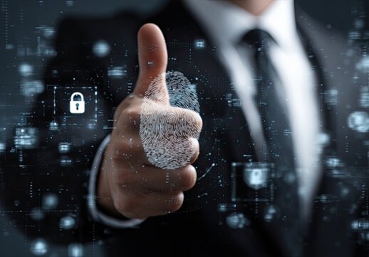 Businessman's hand giving thumbs up, with digital fingerprint graphic overlay