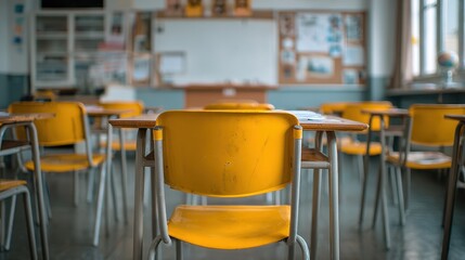 Yellow chairs flanking wooden desks filling vacant classroom, soft natural light streaming across empty space, hinting at imminent academic engagement and knowledge waiting to unfold