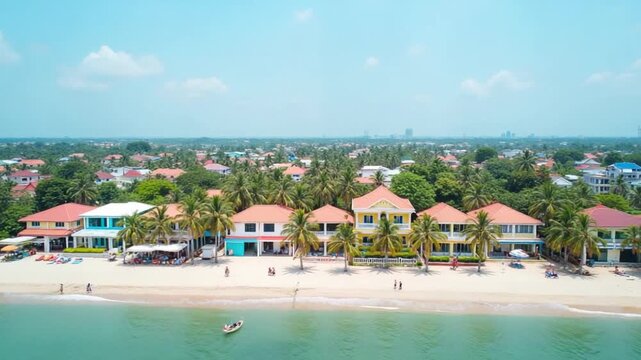 Aerial view of Sunset Town in Phu Quoc, Vietnam, showcasing pastel-colored European-style buildings, beach, and palm trees under a clear blue sky.