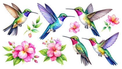 Obraz premium Watercolor hummingbirds and flowers