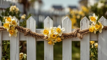 Fototapeta premium Yellow daffodil bouquet tied to white fence with jute rope, blurred background showing house and flowers, cozy spring scene.