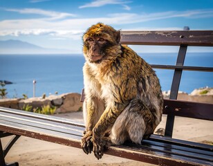 Monkey sitting on a bench overlooking the ocean