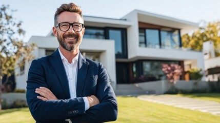 Professional real estate agent standing confidently with crossed arms, positioned before modern luxury residence, representing successful property sales expertise