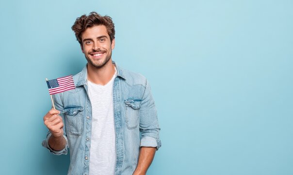 Young man smiling while holding a small American flag on a light blue background.