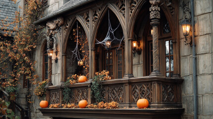Gothic balcony with pumpkins, lanterns and spiderwebs creating a spooky halloween decoration on stone facade
