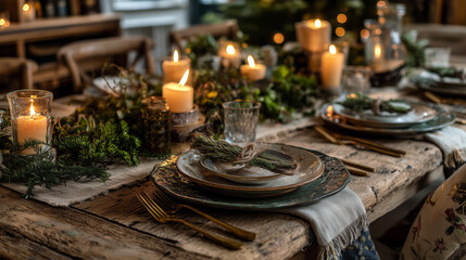 Fototapeta premium Rustic Christmas Dinner Table with Candlelight and Greenery