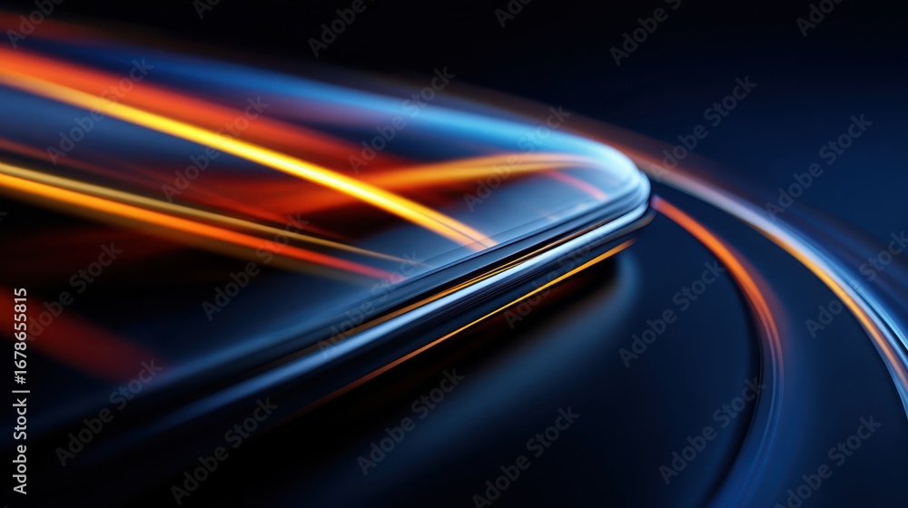 Poster light trails create a dynamic blur effect across a smartphone screen, reflecting vibrant hues of ora