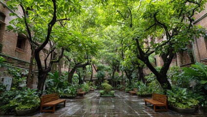 Lush courtyard with mature trees and benches