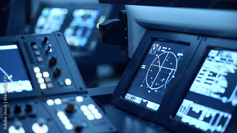 Poster detailed close up of an orbital mission control center with illuminated blue screens displaying comp