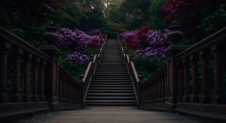 Fototapeta premium Dark wooden stairs through flower garden