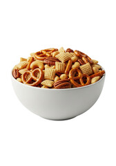 Crisp white ceramic bowl of Chex Mix with corn, wheat Chex, pretzels, peanuts, cashews, pecans, isolated on transparent background, concept of delicious snack satisfaction