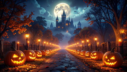 3D Illustration of bats flying in sky and glowing pumpkin jack-o'-lanterns on full moon Halloween night.