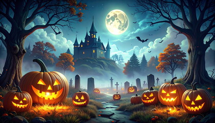 3D Illustration of bats flying in sky and glowing pumpkin jack-o'-lanterns on full moon Halloween night.