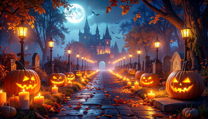 3D Illustration of bats flying in sky and glowing pumpkin jack-o'-lanterns on full moon Halloween night.