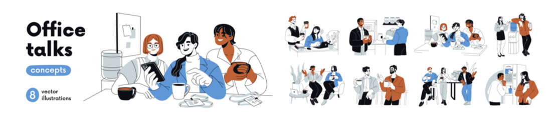 Coffee break time at office. Colleagues at informal meetings with cup, talking, relaxing. Team communication. Conversations with friends at work. Flat vector illustrations isolated on shite background
