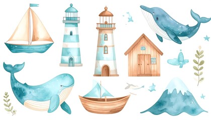 Watercolor nautical illustration set