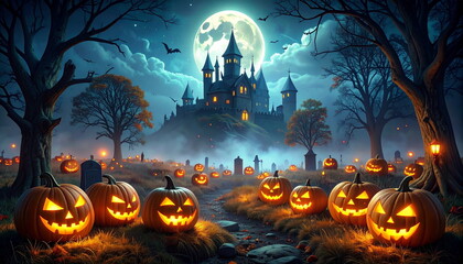 3D Illustration of bats flying in sky and glowing pumpkin jack-o'-lanterns on full moon Halloween night.