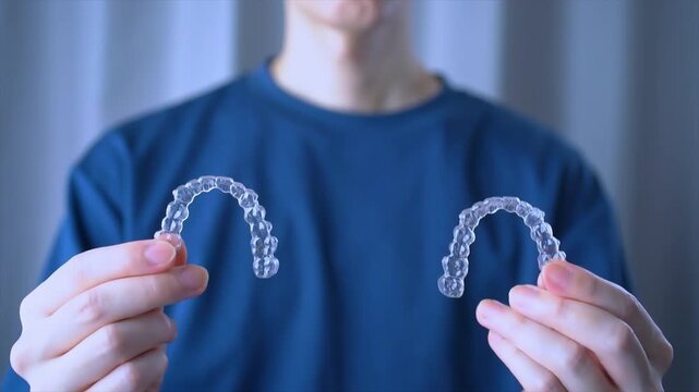 Clear Dental Aligners or braces : Orthodontic Mouthpiece Held in Hand. Slow motion video.