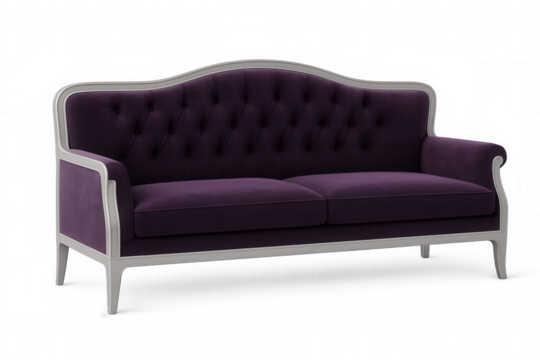 Luxurious purple chesterfield sofa with white wooden frame isolated on transparent background, perfect for interior design projects