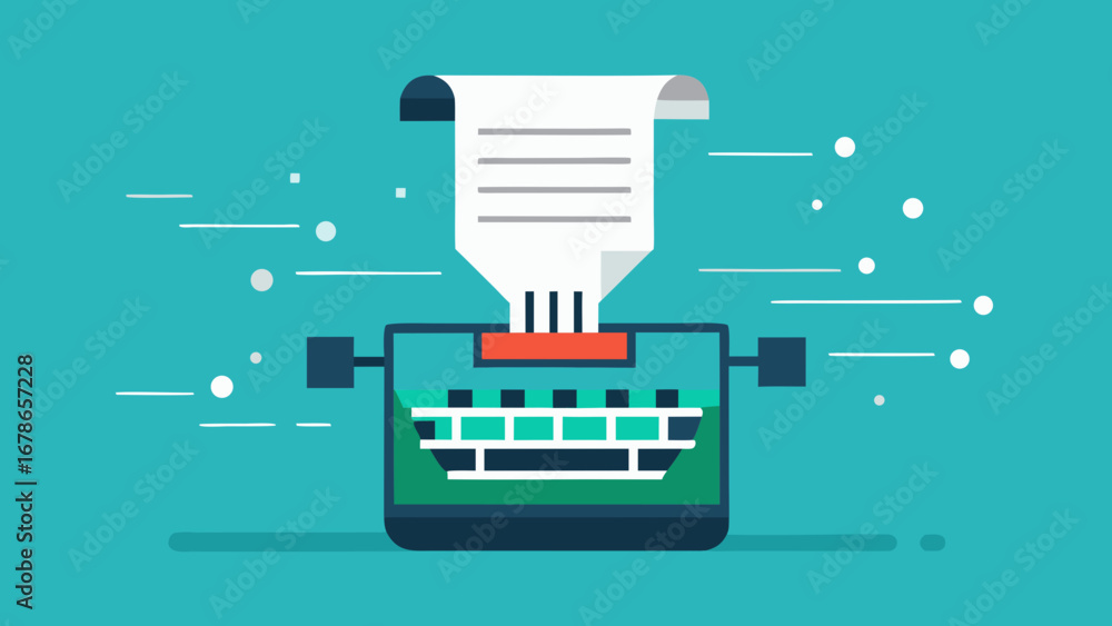 Poster futuristic typewriter printing digital text in retrofuturistic minimal style on teal background