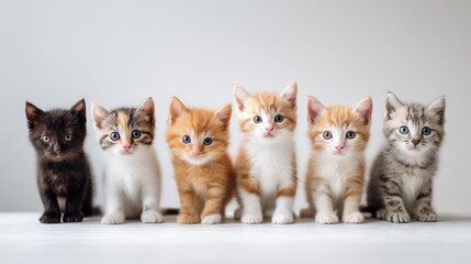 Five adorable kittens in a row, diverse colors and poses
