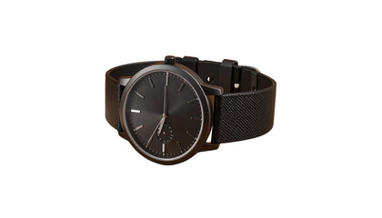 Elegant minimalist black wristwatch on black background showcasing modern design