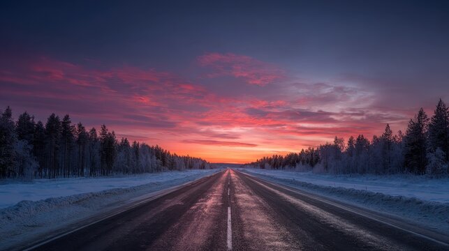 Snowy roadside forest bathed in golden sunrise light, frosty branches glistening against crisp winter landscape, revealing peaceful early morning tranquility - Powered by Adobe