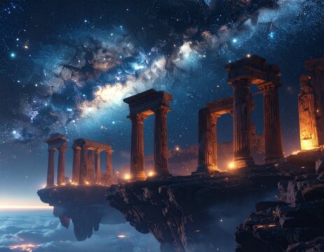 Ancient Temple Ruins on a Floating Island Under the Milky Way. - Powered by Adobe