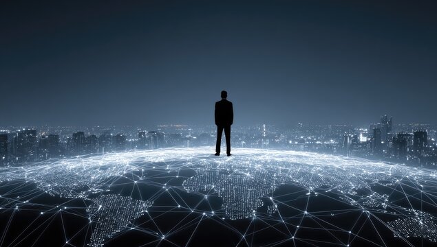 Silhouette of a businessman standing on a global network