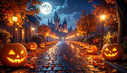 3D Illustration of bats flying in sky and glowing pumpkin jack-o'-lanterns on full moon Halloween night.